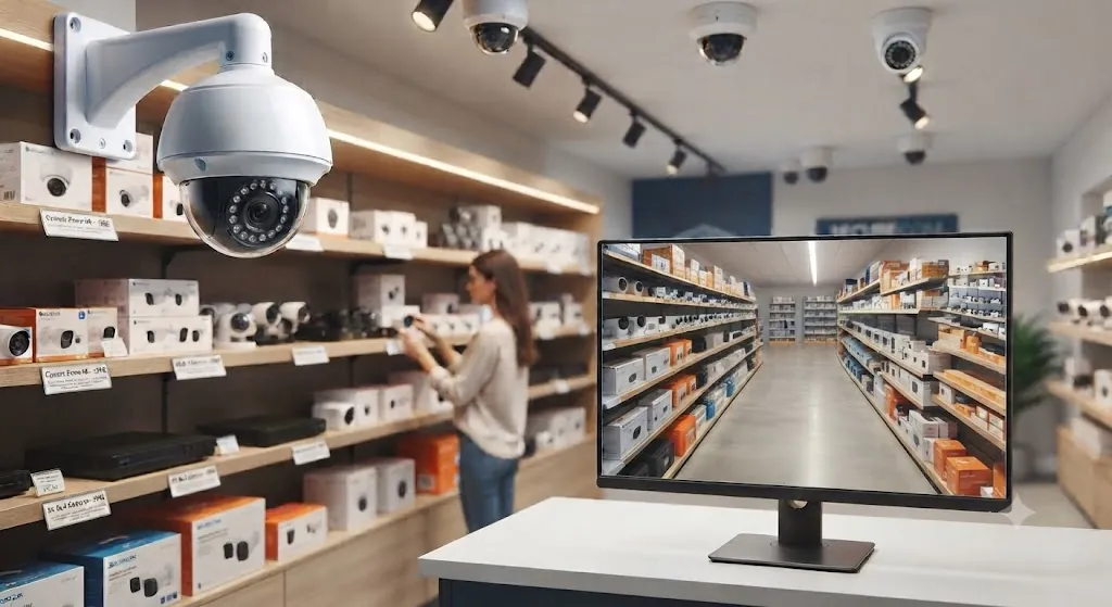 Tienda de equipos de videovigilancia con cámaras y monitor de control
